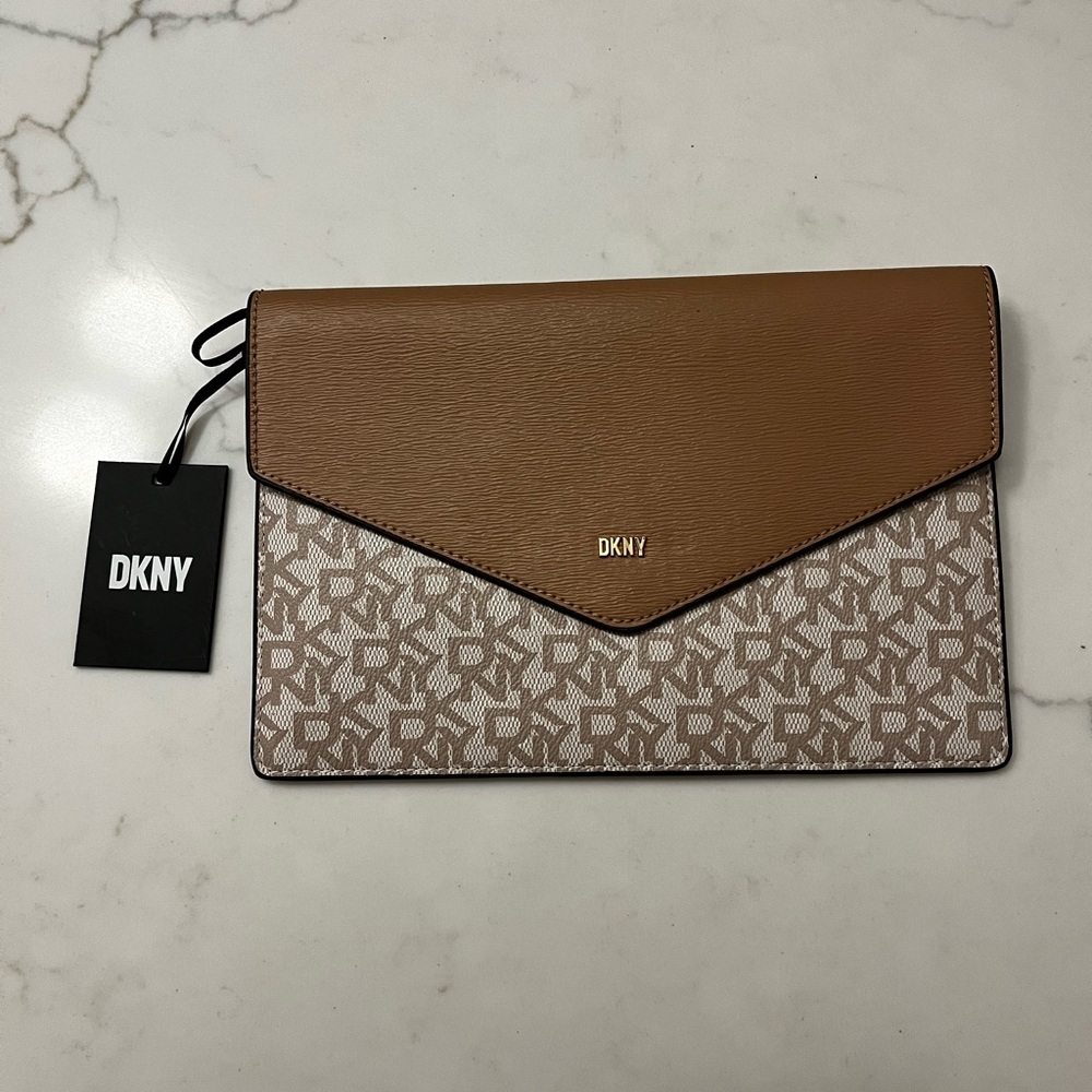 DKNY Brown and Cream Women's Clutch Bag